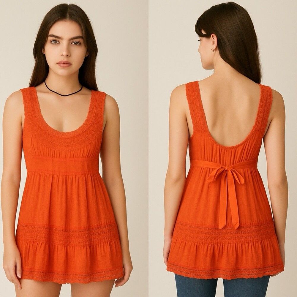 Free People Orange Babydoll Y2K Boho Back tie tunic top/mini dress Sz 4